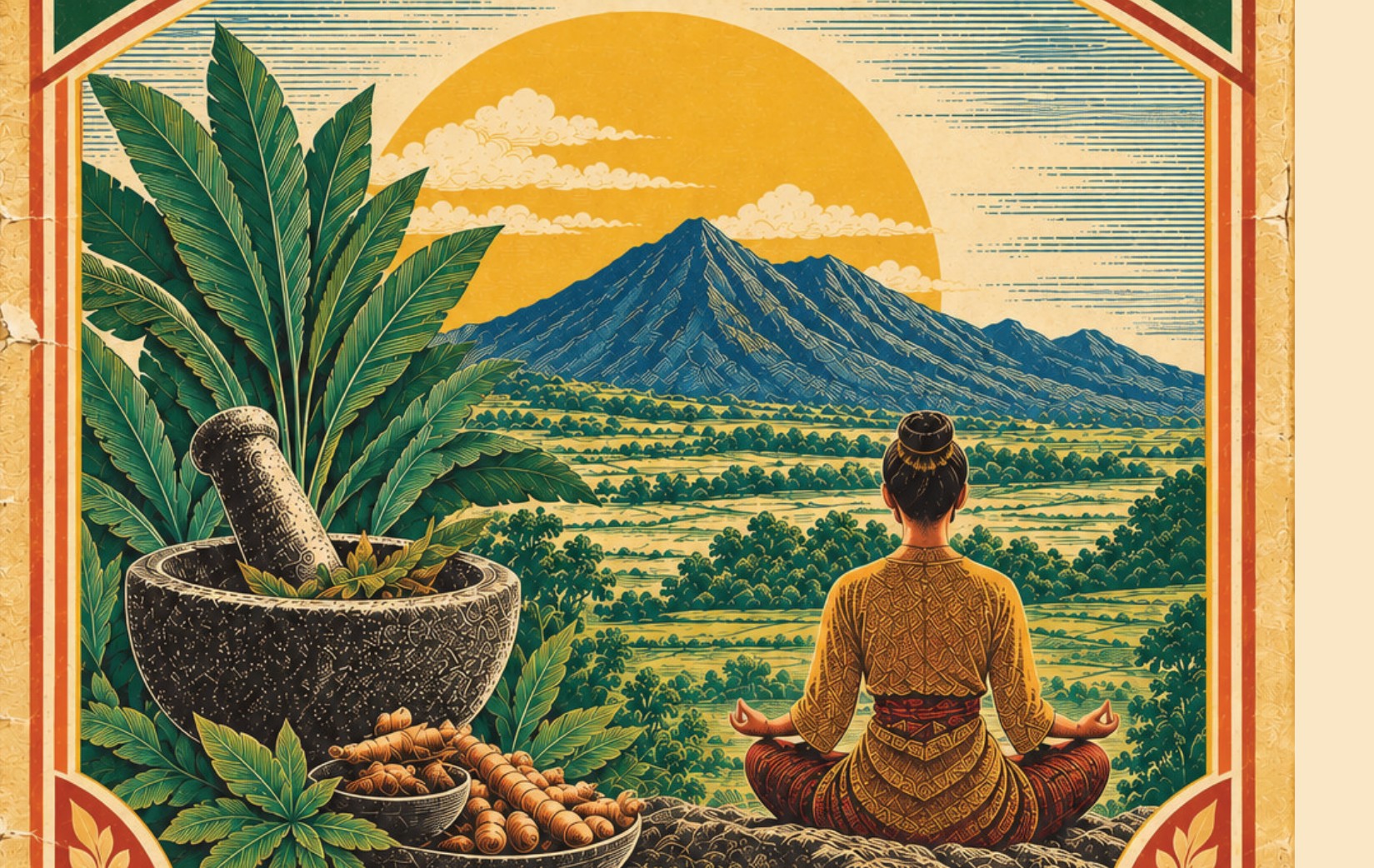 Ilustrasi praktik tradisional Nusantara: meditasi, jamu, dan alam Yogyakarta